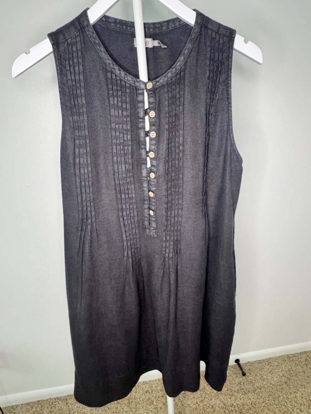 Faherty Linen Pintuck Sleeveless Dress Charcoal M
